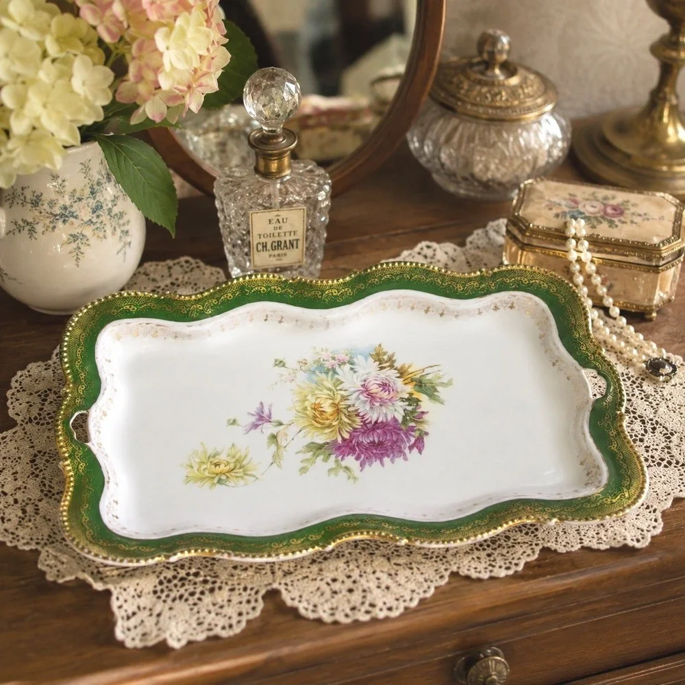 Antique c1900 Porcelain Dresser Tray Green Gold Floral Vanity Serving Tray 12